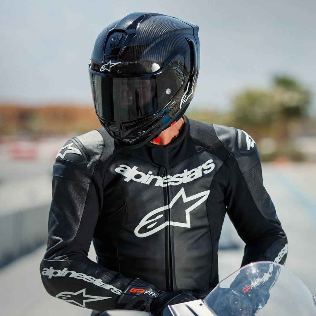Alpinestars Supertech R10 carbon helmet, premium racing, CE certified, advanced ventilation.