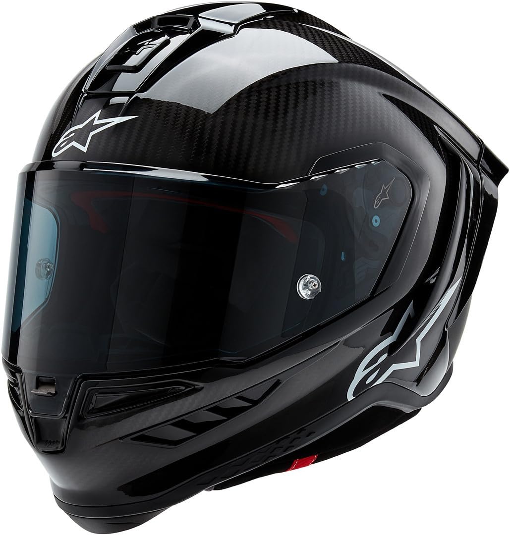 Alpinestars Supertech R10 carbon helmet, premium racing, CE certified, advanced ventilation.