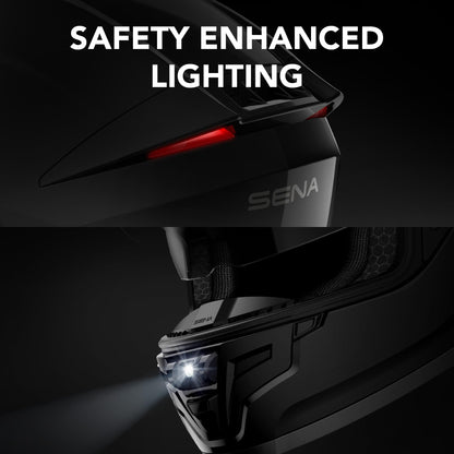 Sena Phantom smart full face helmet, built-in comms, LED lighting, Harman Kardon audio, matte black.