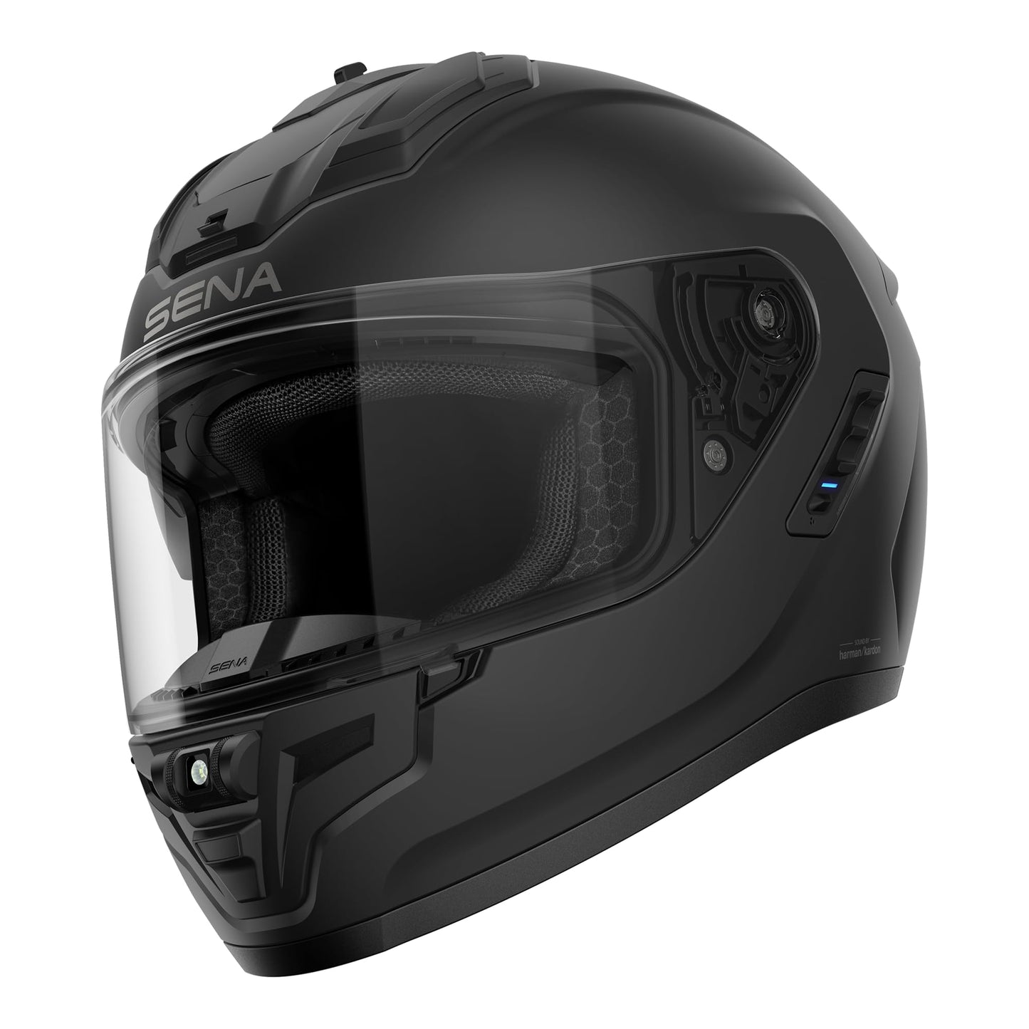 Sena Phantom smart full face helmet, built-in comms, LED lighting, Harman Kardon audio, matte black.